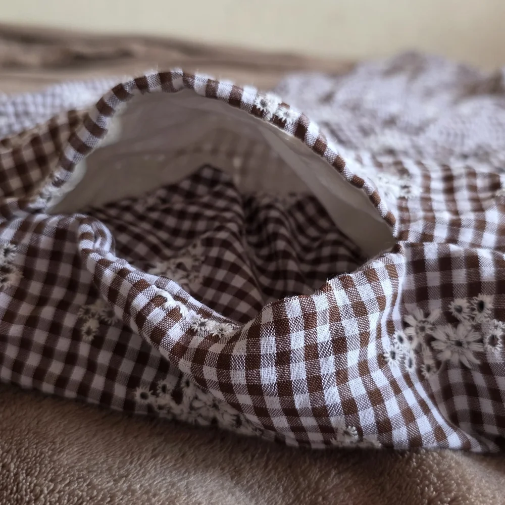 Smocked Gingham Maxi Dress with Tie Straps - White and Brown - Picture 5 of 5